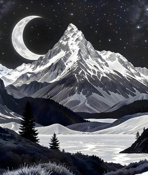 Cumbre etérea bajo la luna creciente