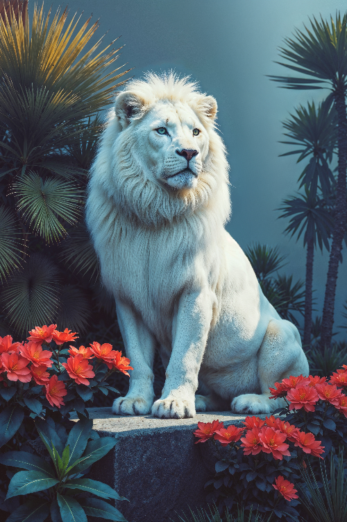 White Lion Among Scarlet Blooms