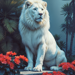 White Lion Among Scarlet Blooms