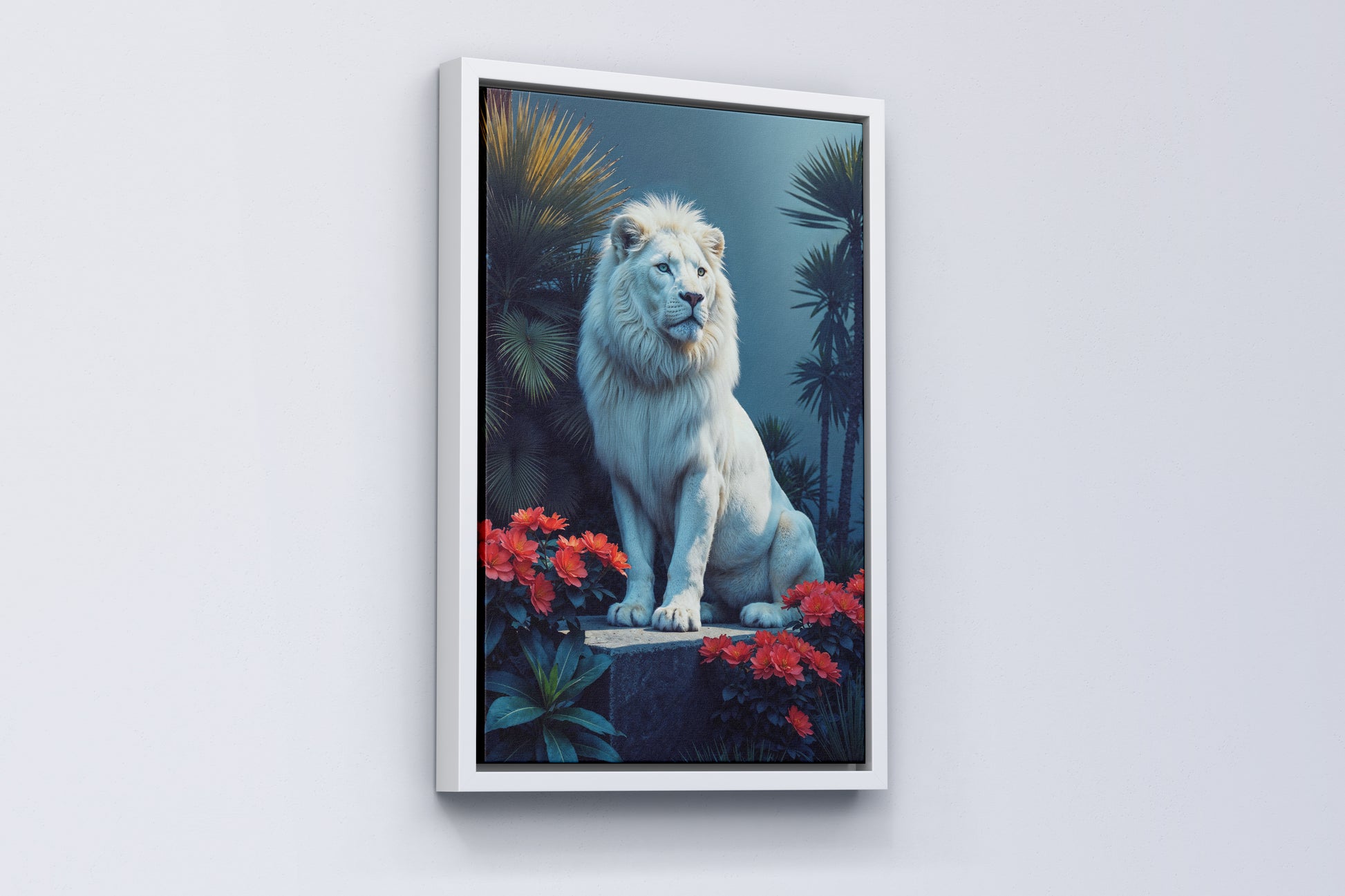 White Lion Among Scarlet Blooms