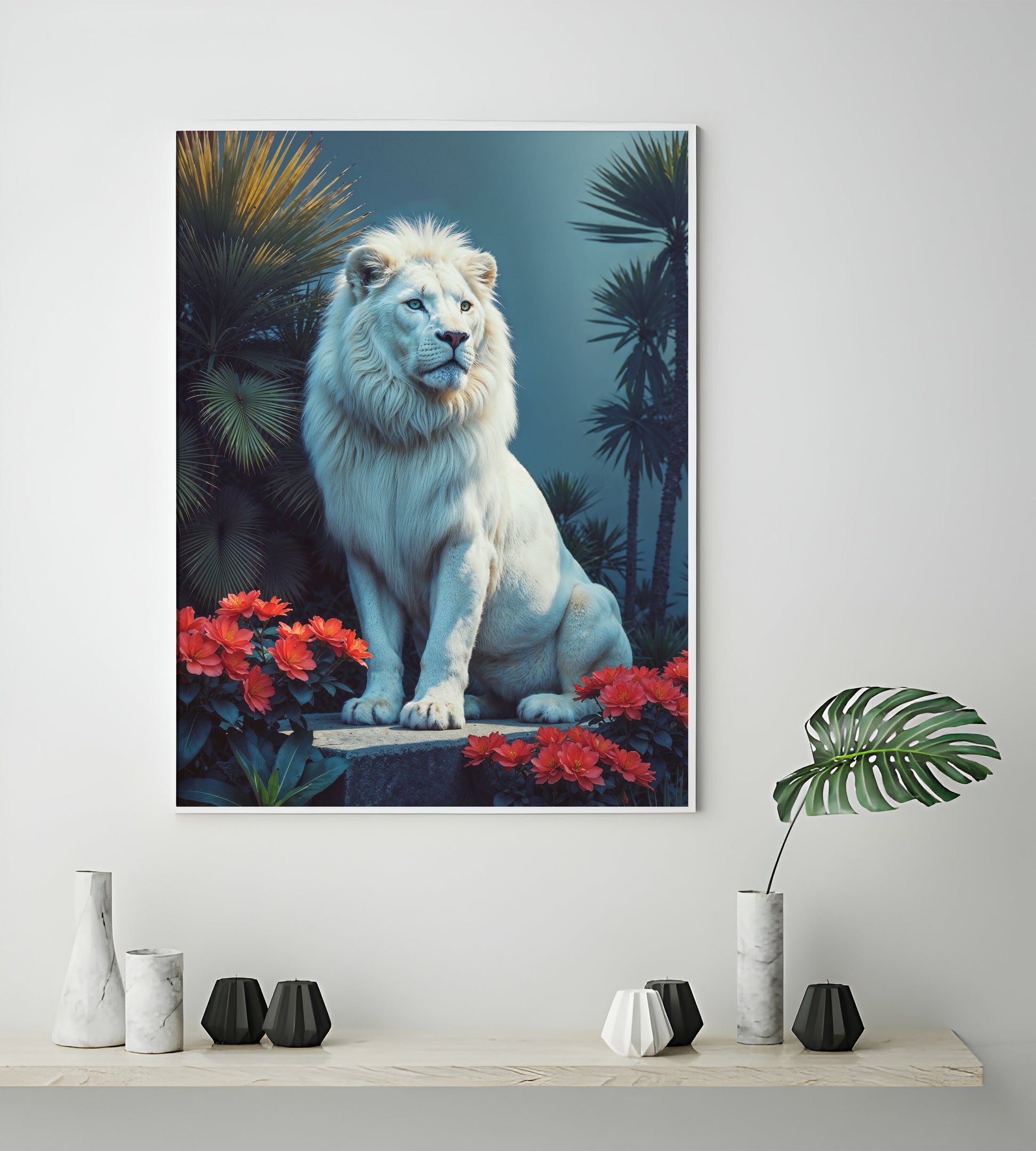 White Lion Among Scarlet Blooms