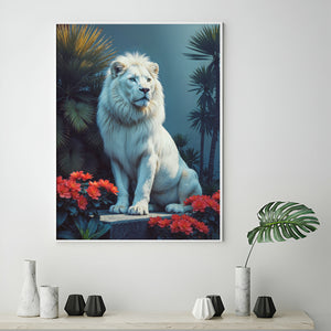 White Lion Among Scarlet Blooms