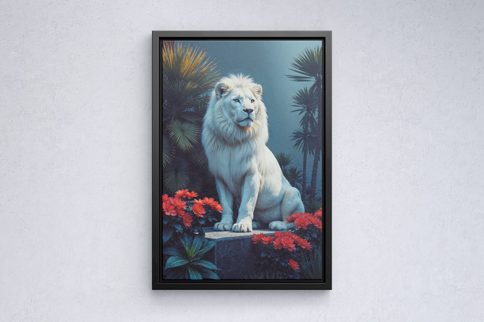 White Lion Among Scarlet Blooms