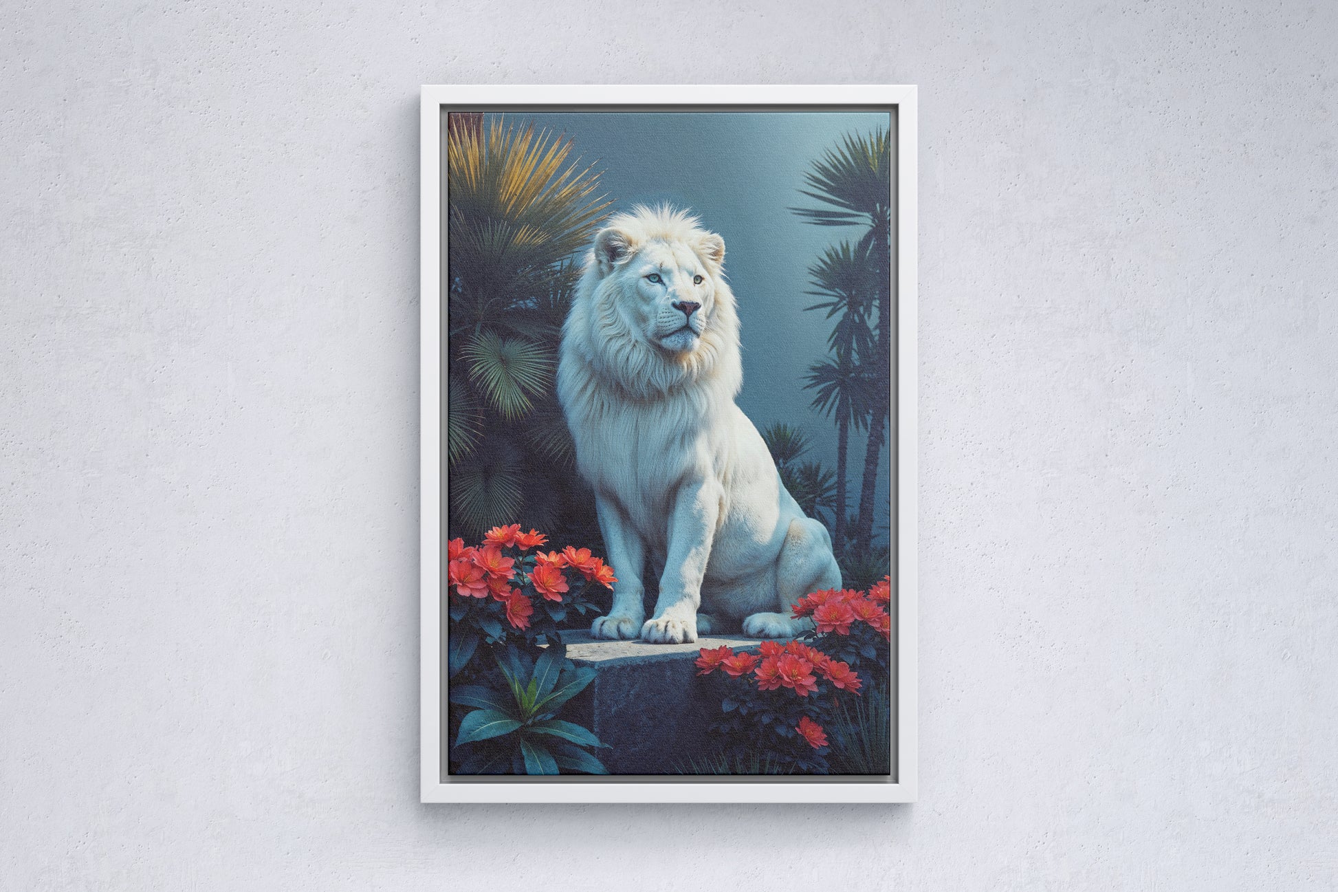 White Lion Among Scarlet Blooms