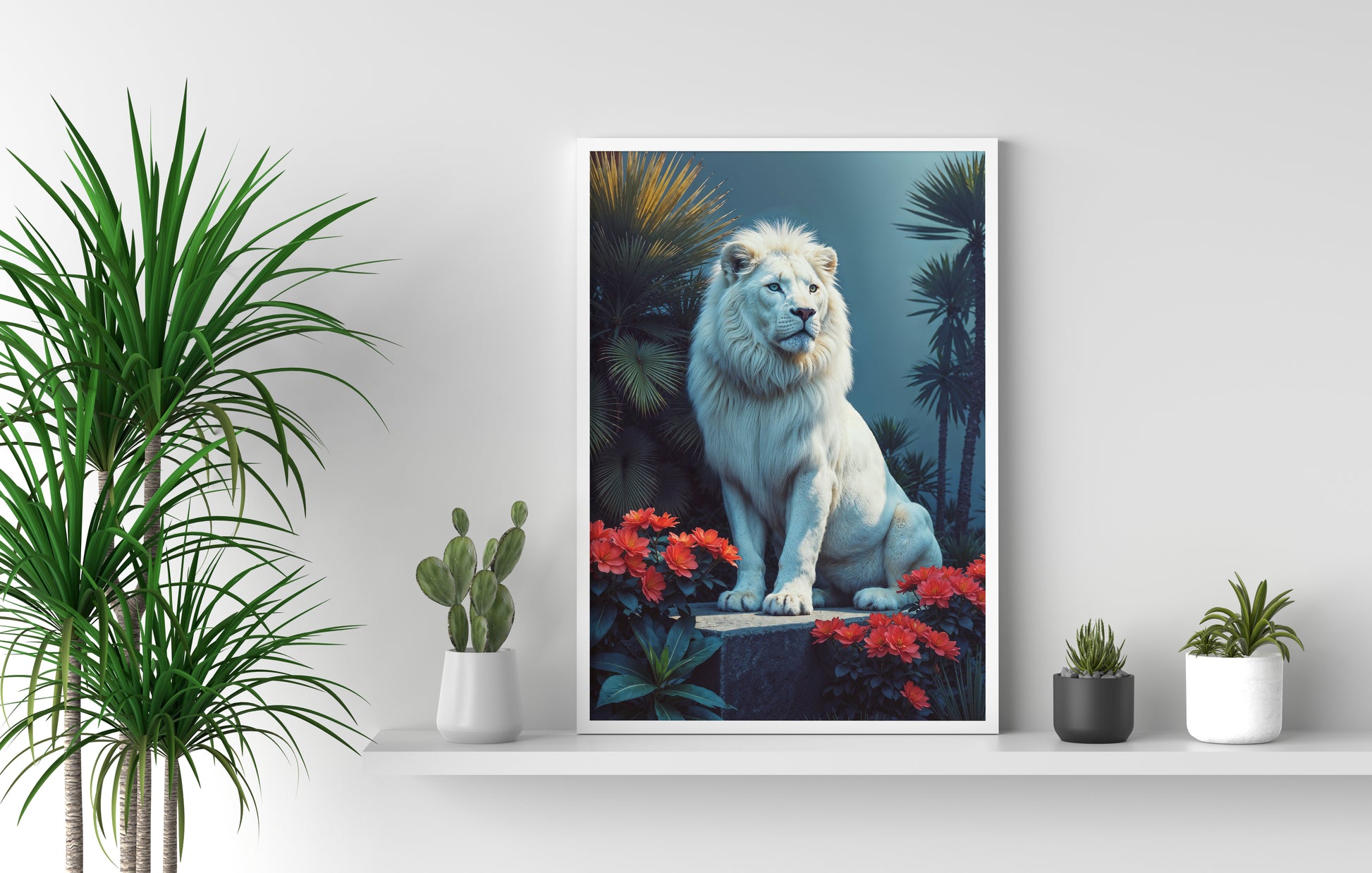 White Lion Among Scarlet Blooms