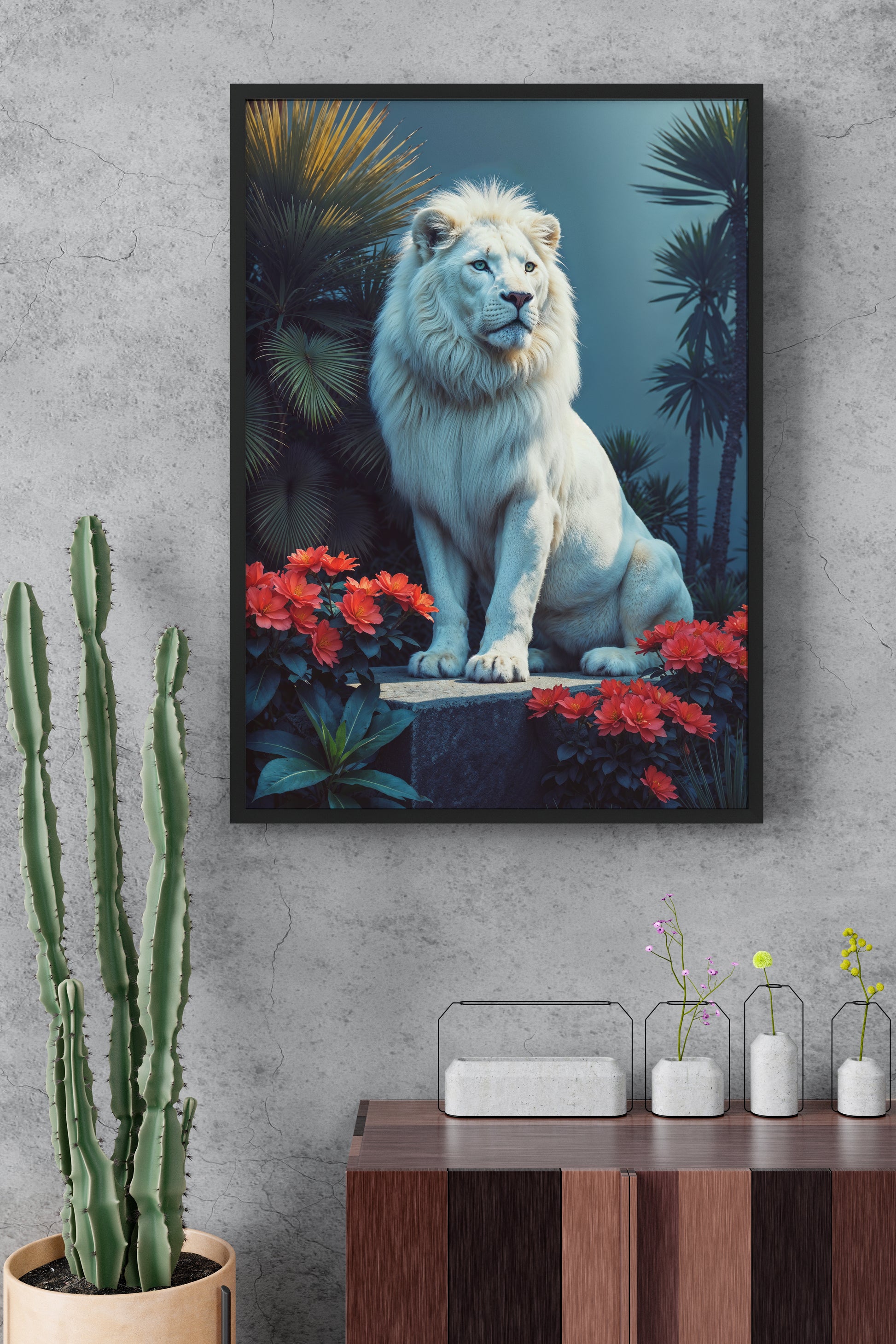 White Lion Among Scarlet Blooms