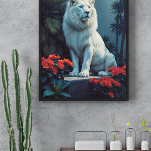 White Lion Among Scarlet Blooms