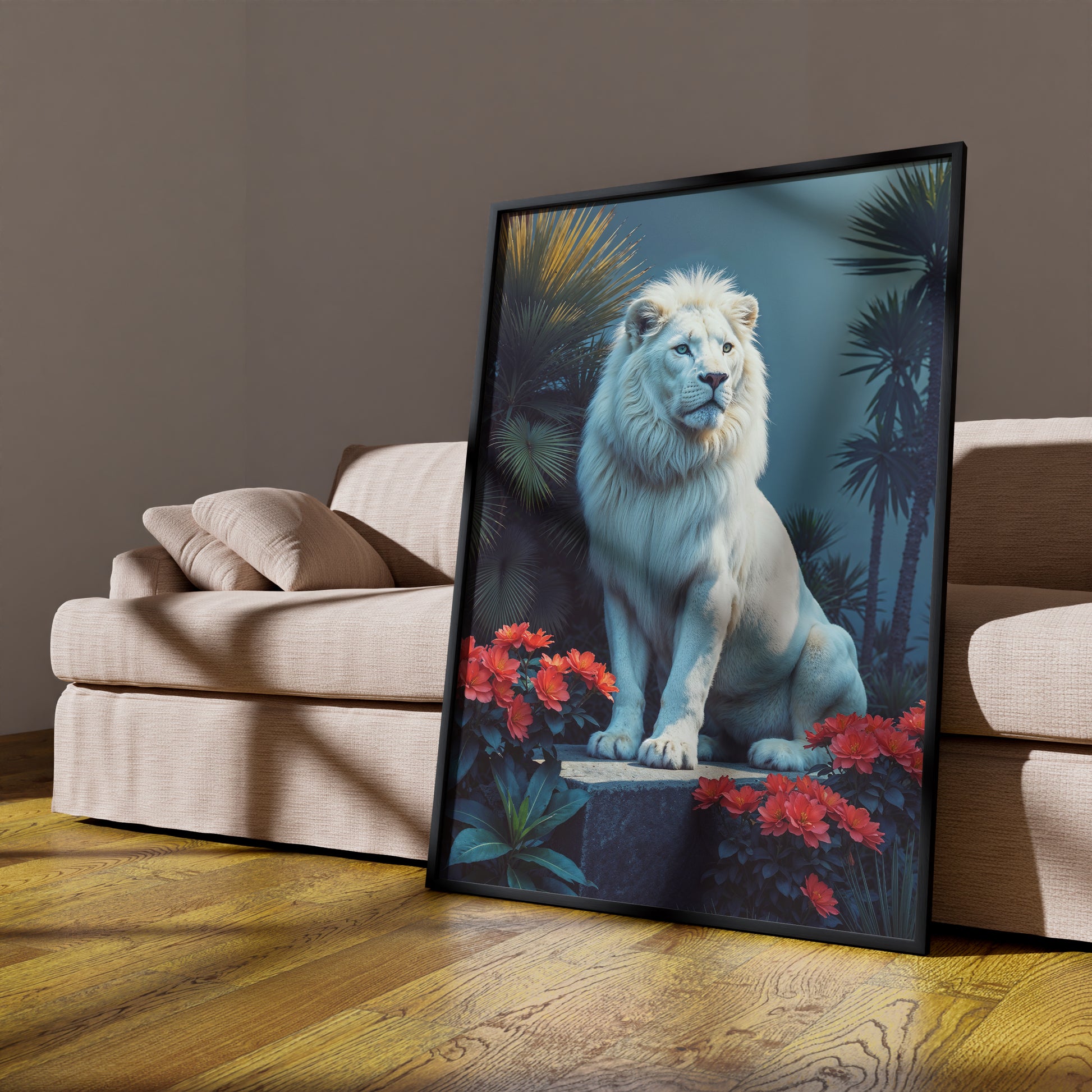 White Lion Among Scarlet Blooms